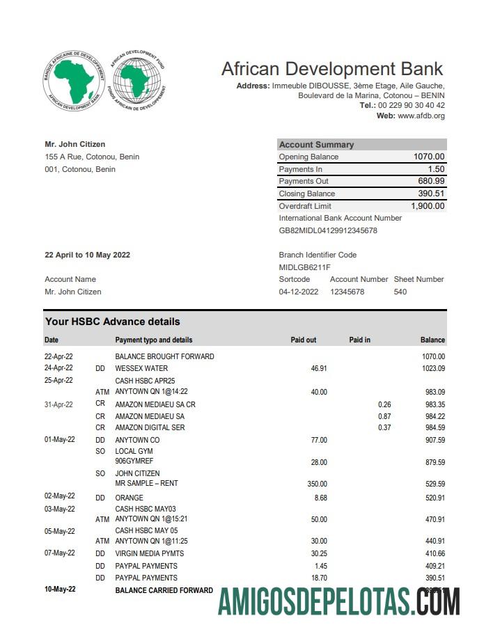 Extrato do Banco Africano de Desenvolvimento do Benin modelo Xls
